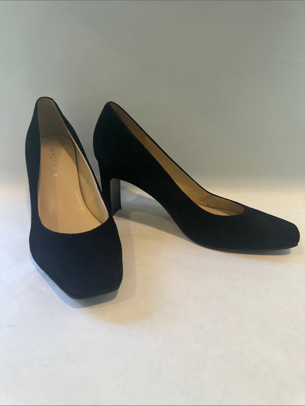Marc Fisher Farai Black Suede Square Toe Crescent Heel Pump 8 M